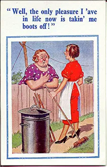 Frumpish Prints: Comic postcard, Two women talking over the garden fence. Date: 20th century