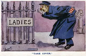 Railings Prints: Comic Postcard - WW1 Home Front - Air Raid Alert - Take Cover - an eager volunteer