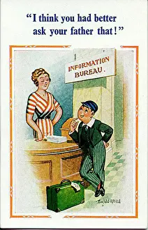 Facts Prints: Comic postcard, Young boy at Information Bureau Date: 20th century