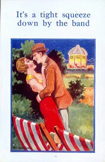 Deckchairs Collection: Comic postcard, Young couple near the bandstand Date: 20th century