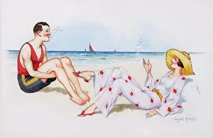 Comic postcard, Young couple relaxing on the beach Date: 20th century