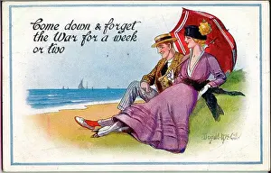 Forget Prints: Comic postcard, Young couple at the seaside - forget the war for a week or two