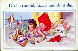 Arrived Prints: Comic postcard, Young woman arrives at the seaside Date: 20th century