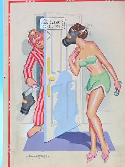 Clear Prints: Comic postcard, Young woman in gas mask, WW2. The all clears gone, Miss