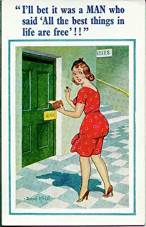 Comic postcard, Young woman with a penny for the toilet Date: 20th century