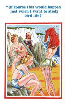 Voyeurism Collection: Comic postcard, Young women on the beach, man with camera Date: 20th century