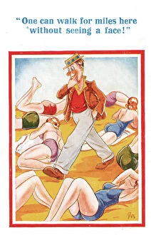 Images Dated 17th March 2021: Comic postcard, Young women on the beach - man walking Date: 20th century