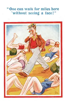 Comic postcard, Young women on the beach - man walking Date: 20th century