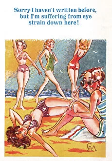 Voyeurism Collection: Comic postcard, Young women on the beach - young man suffering from eye strain Date