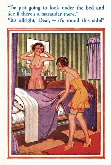 Images Dated 23rd March 2021: Comic postcard, Two young women in bedroom