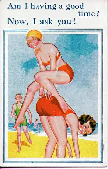 Bikini Prints: Comic postcard, Two young women leapfrogging on the beach Date: 20th century