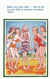 Uncomfortable Prints: Comic postcard, Four young women and an old man on the beach Date: 20th century