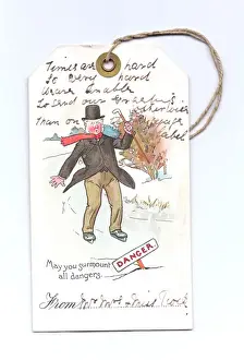 Dangers Prints: Comic skating scene on a Christmas label
