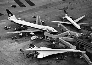 Boeing Collection: Concorde G-BOa a Boeing 747 and a VC10
