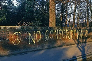 Nuclear Prints: NO CONSCRIPTION painted on wall