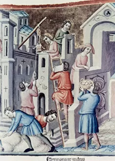 Laborers Collection: Construction of a castle in a medieval village. England