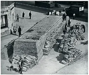 Sandbags Prints: Construction of sandbag air raid shelter, September 1939