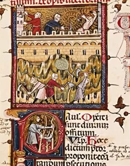 Illuminated Collection: Construction of a wall. Illustration from a Latin