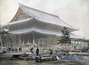 Contrction work on a temple, Japan, circa 1880s