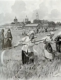 Novgorod Prints: A convent in Novgorod: Nuns making hay