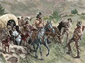 Whip Prints: A convoy of Boers. Engraving, 19th century. Colored