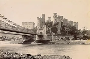 Crenellated Prints: Conwy (Conway) Castle and suspension bridge, North Wales Date: circa 1889