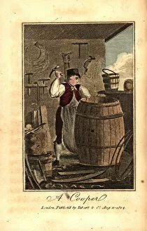 Pail Gallery: Cooper hammering a metal hoop on a hogshead barrel