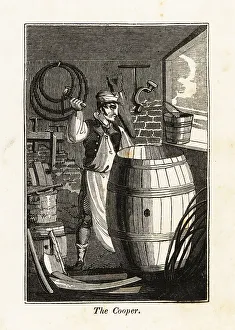Mallet Prints: Cooper working on a barrel in a workshop