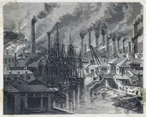 Copper works in Cornwall, with smoking chimneys