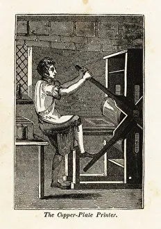 Workplace Prints: Copperplate printer pulling on a press in a printshop