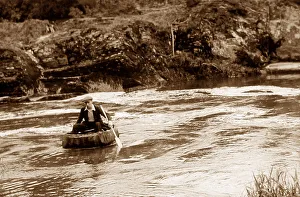 Cenarth Prints: Coracle on River Teifi at Cenarth, Wales probably 1930s