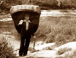 Coracle on River Teifi at Cenarth, Wales probably 1930s