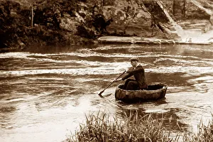 Coracle on River Teifi at Cenarth, Wales probably 1930s
