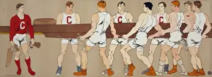 Coxswain Prints: Cornell crew team holding a boat; on left is team coxswain