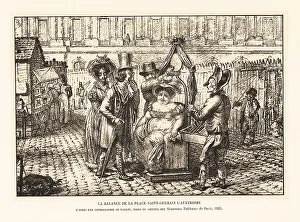 Lorgnette Prints: A corpulent woman sits on a public weighing machine, Paris