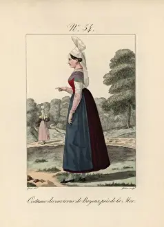 Bayeux Prints: Costume of Bayeux. Falling tails from the bonnet and the false sleeves in a contrasting colour