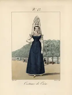 Veils Prints: Costume of Caen. Tall bonnet with the veils twisted over the crown of artificial flowers