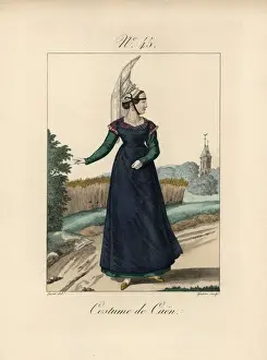 Femmes Prints: Costume of Caen. The woman has fixed her bavolet bonnet with two ribbons