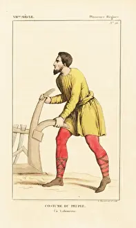 12thcentury Prints: Costume of a farm labourer with plough, 12th century