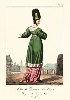 Hennin Prints: Costume of a French bourgeois lady, 1440