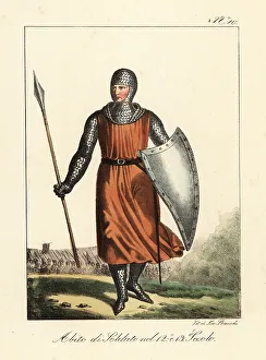 13th Century Prints: Costume of a French soldier, 12th and 13th century