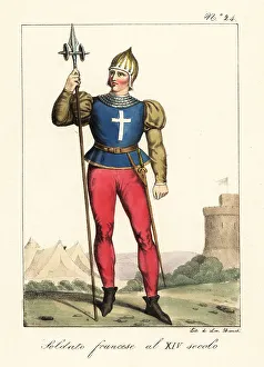 14th Century Prints: Costume of a French soldier, 14th century