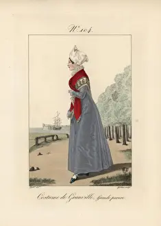Granville Prints: Costume of Granville. A woman in her finery in a park near the port
