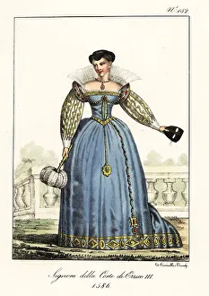 Masquerade Prints: Costume of a lady at the court of King Henry III of France, 1586