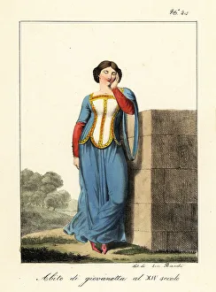 Costume of a young French woman, 14th century