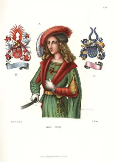 Costume of a young German nobleman and coats of arms, 15thC