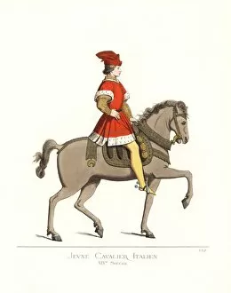Costume of a young Italian cavalry man, 14th century