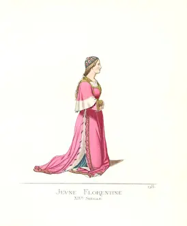 Fils Prints: Costume of a young woman of Florence, 14th century