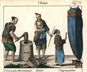 Costumes of China: rice-pounder, beggar and puppeteer