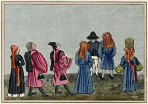 Doublet Prints: Costumes include: hood with liripipe, hose, short doublet or jerkin, tall crowned hats